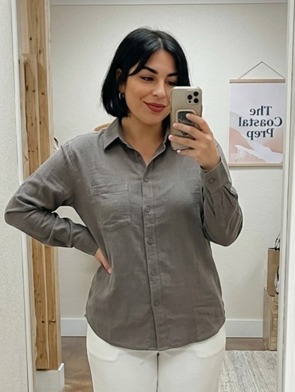 Active USA Long Sleeve Mocha Linen Blend Button Front Collared Shirt